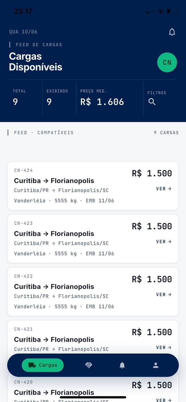 Feed de cargas disponíveis no app CargaNet
