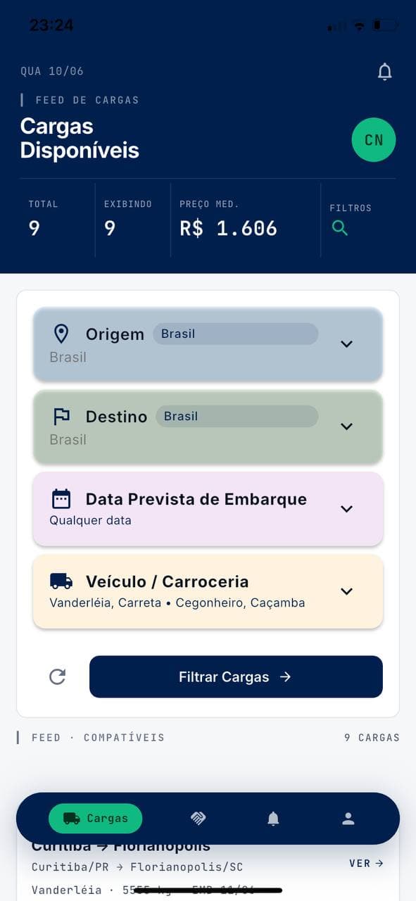 Filtros de carga no app CargaNet